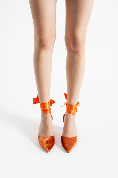 Meera | Orange Velvet High Heels with Ribbon