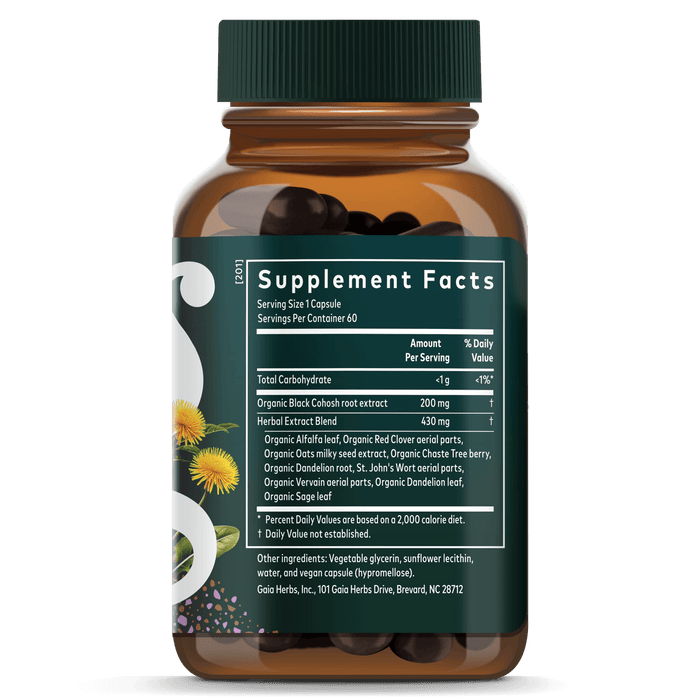 Gaia Herbs Menopause Support Daytime supplement || 60ct Supplement Facts Bottle Panel