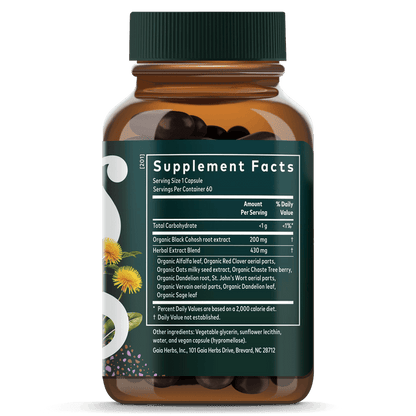 Gaia Herbs Menopause Support Daytime supplement || 60ct Supplement Facts Bottle Panel