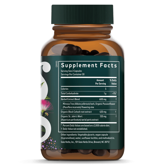 Gaia Herbs Menopause Support Nighttime for Women || 60 ct Supplement Facts Bottle Panel