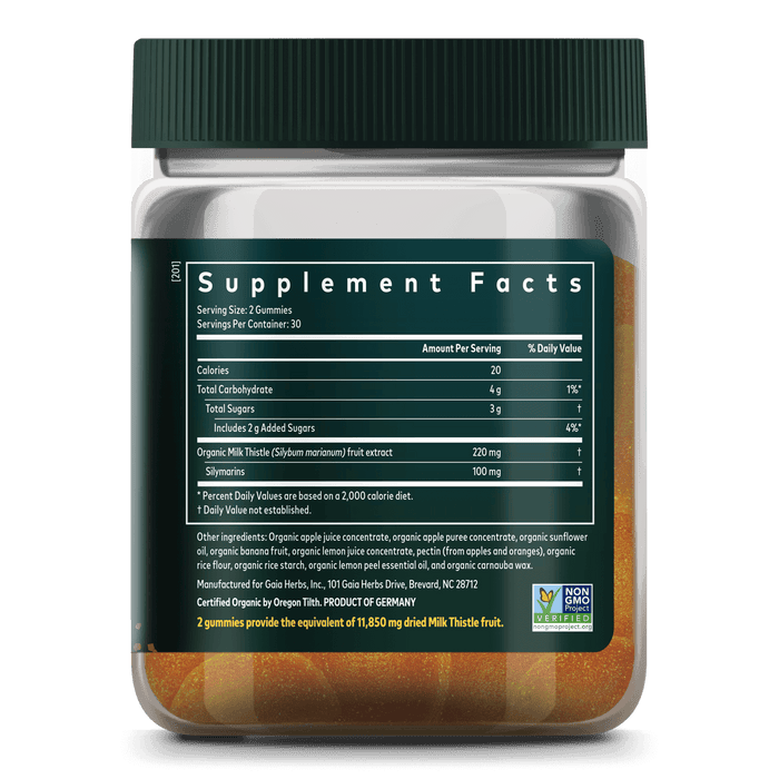 Gaia Herbs Milk Thistle Gummies || 60 ct Supplement Facts Bottle Panel