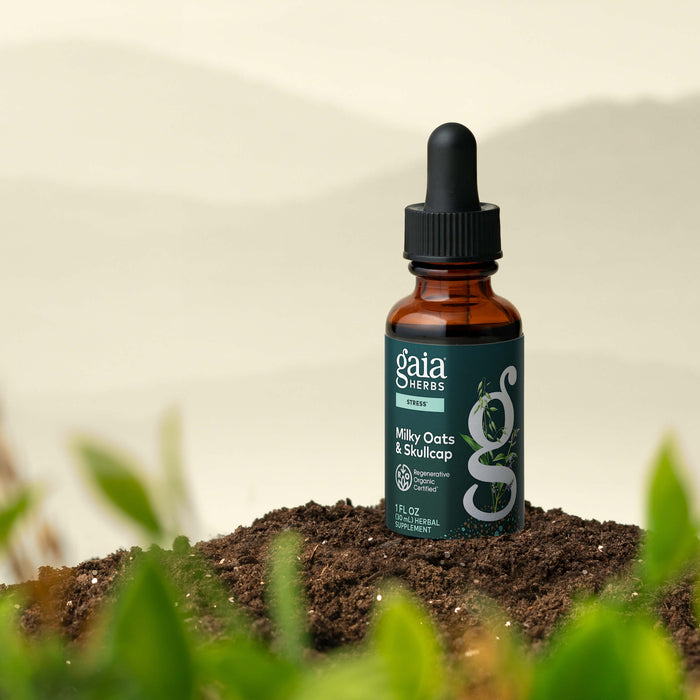 Gaia Herbs Milky Oats & Skullcap tincture bottle on a natural background with plants