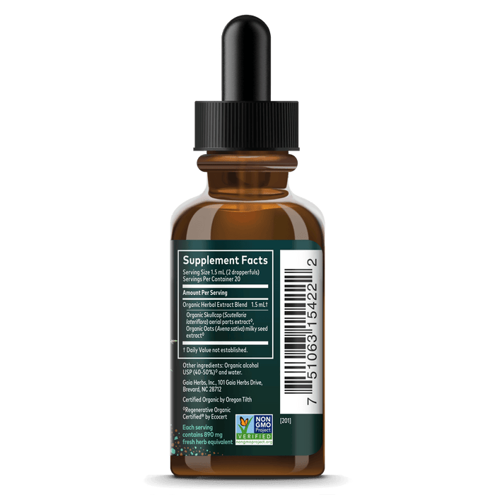 Gaia Herbs Milky Oats & Skullcap Extract, Certified Organic for Stress Support || 1 oz Supplement Facts Bottle