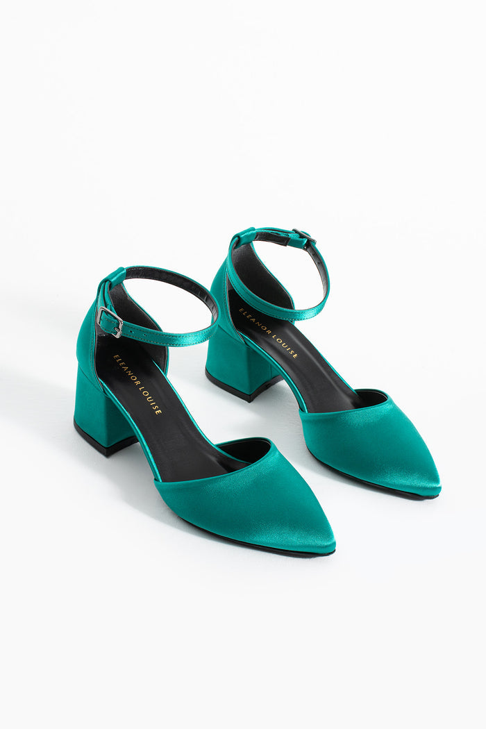 Mira | Emerald Green Satin Mid Heels