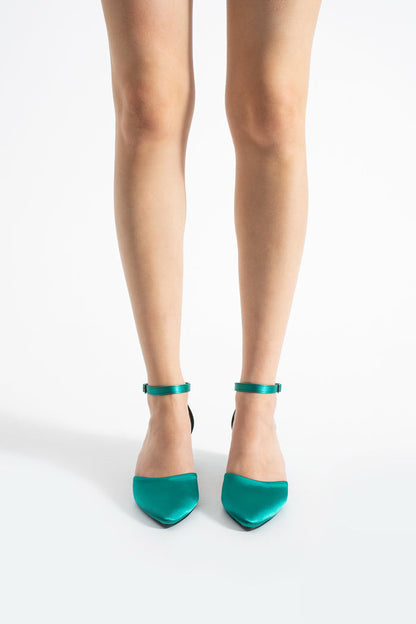 Mira | Emerald Green Satin Mid Heels