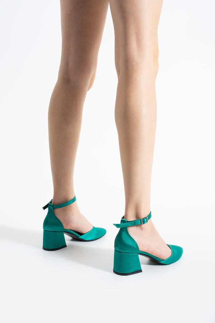 Mira | Emerald Green Satin Mid Heels