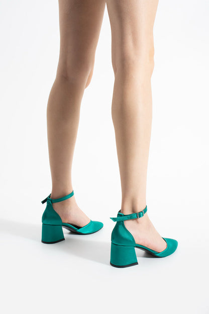 Mira | Emerald Green Satin Mid Heels