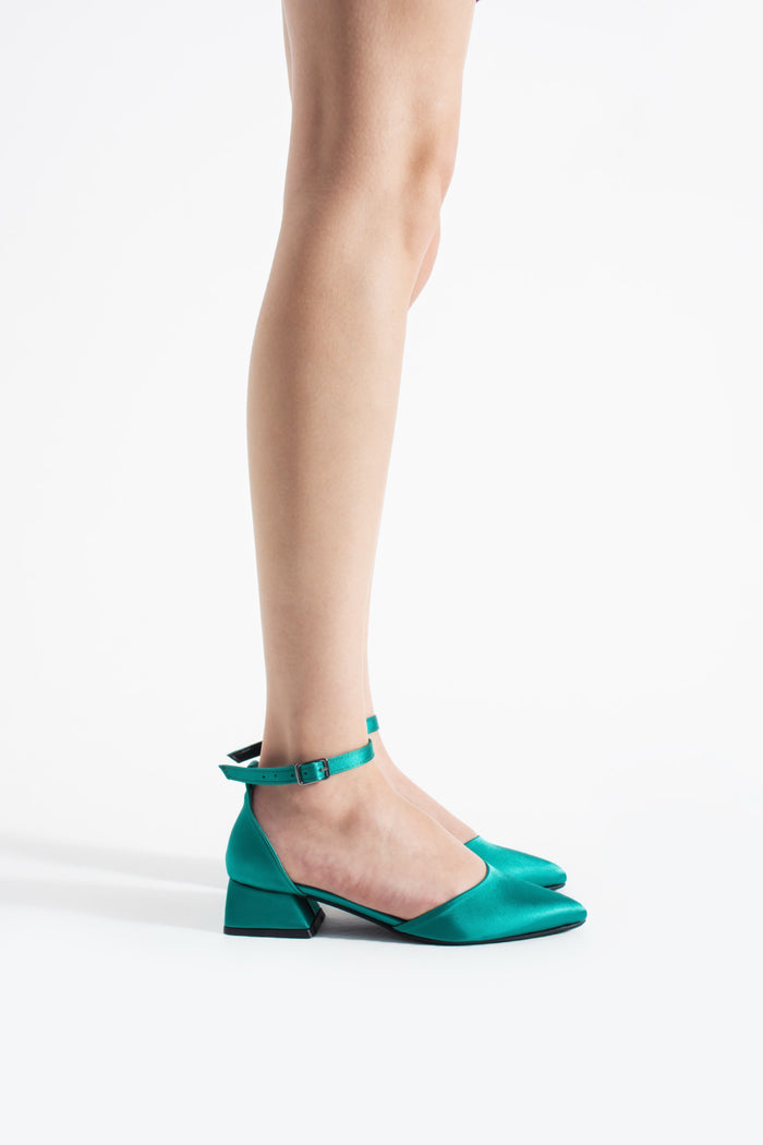Naira | Emerald Green Satin Low Heels