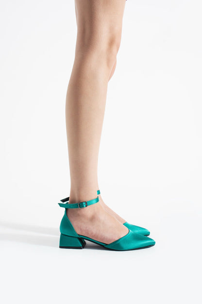 Naira | Emerald Green Satin Low Heels