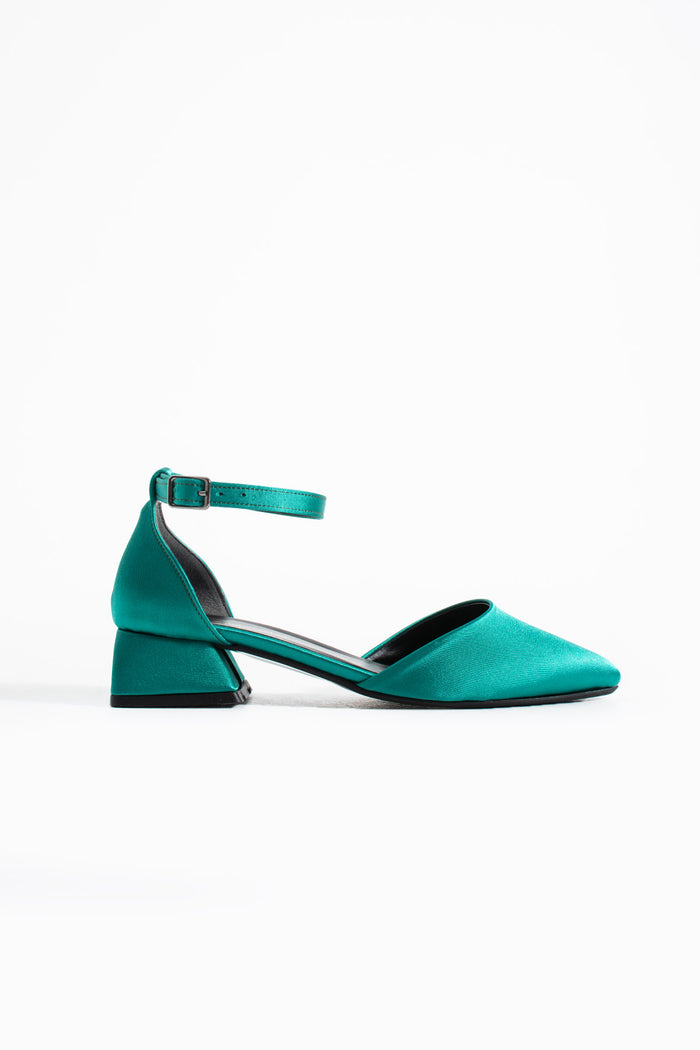 Naira | Emerald Green Satin Low Heels