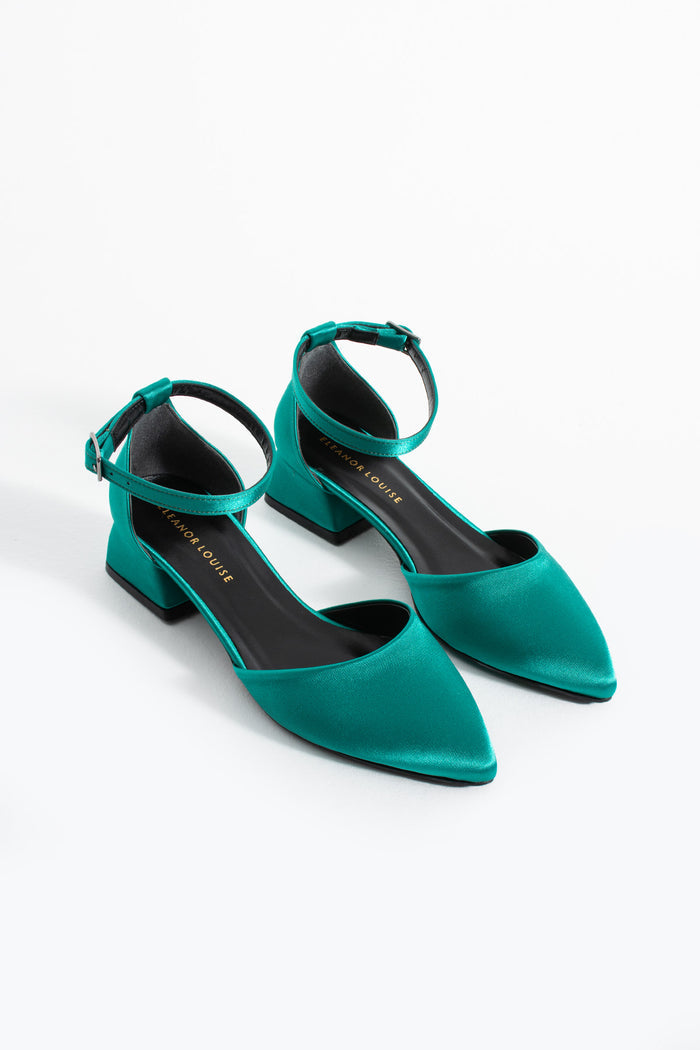 Naira | Emerald Green Satin Low Heels