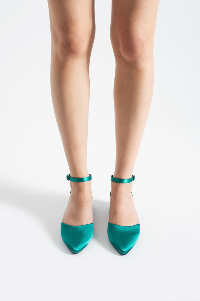 Naira | Emerald Green Satin Low Heels