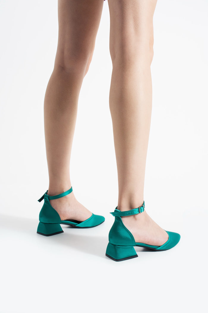 Naira | Emerald Green Satin Low Heels