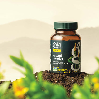 Gaia Herbs Natural Laxative 90 count bottle on a natural background with plants.