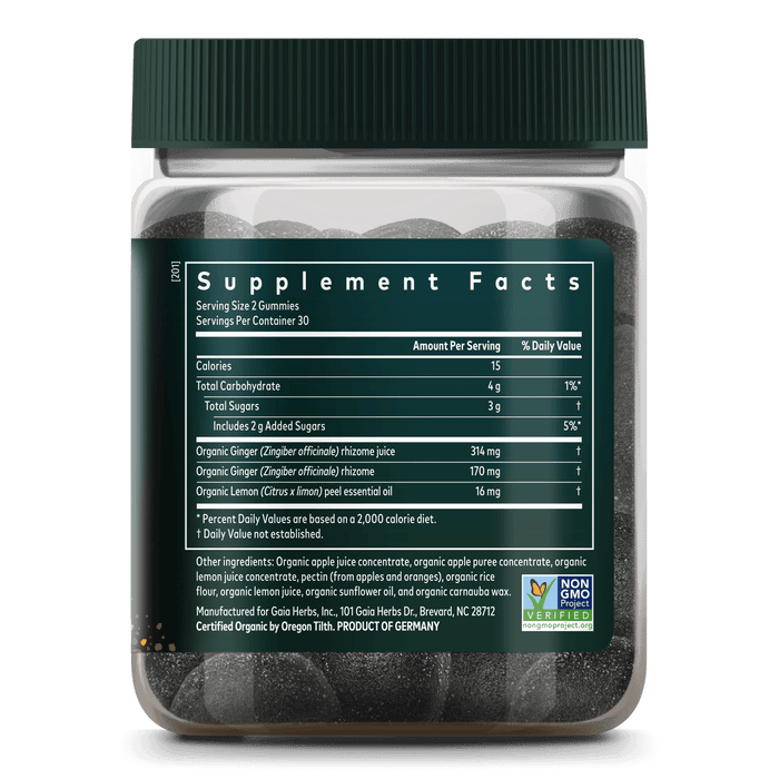 Gaia Herbs Nausea Gummies || 60 ct Supplement Facts Bottle Label