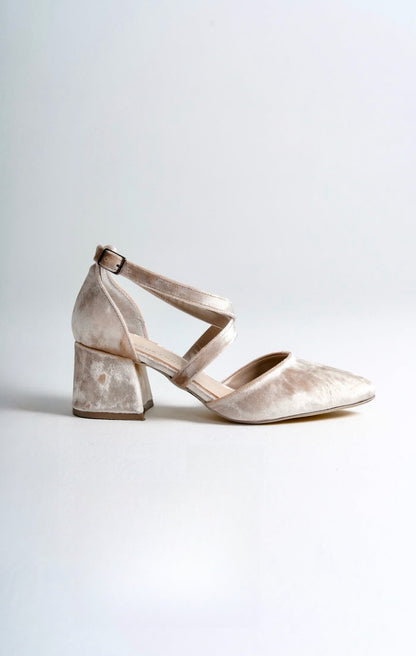 Nils | Beige Velvet Criss Cross Mid Heels
