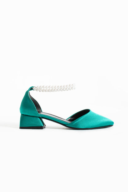 Noa | Emerald Green Satin Low Heels with Pearls