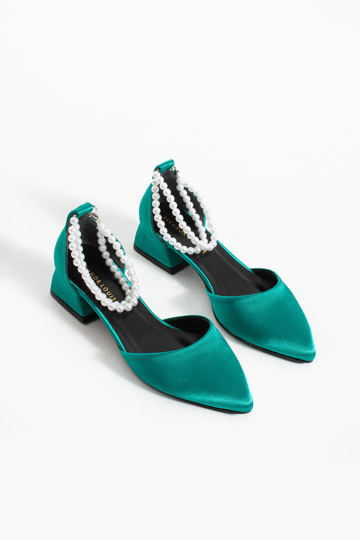 Noa | Emerald Green Satin Low Heels with Pearls