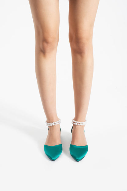 Noa | Emerald Green Satin Low Heels with Pearls