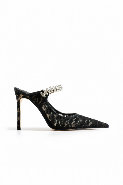 Nora | Black Lace High Heels with Rhinestone Strap