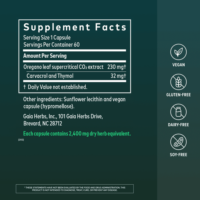 Gaia Herbs Oil of Oregano 60 count Supplement Facts