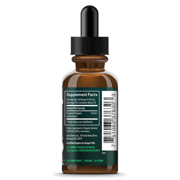 Gaia Herbs Oregano Extract, Certified Organic for Immune Support || 1 oz Supplement Facts Bottle Panel
