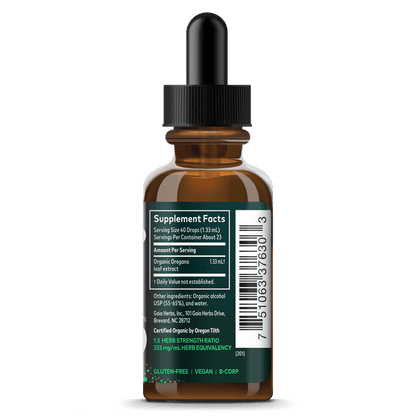 Gaia Herbs Oregano Extract, Certified Organic for Immune Support || 1 oz Supplement Facts Bottle Panel
