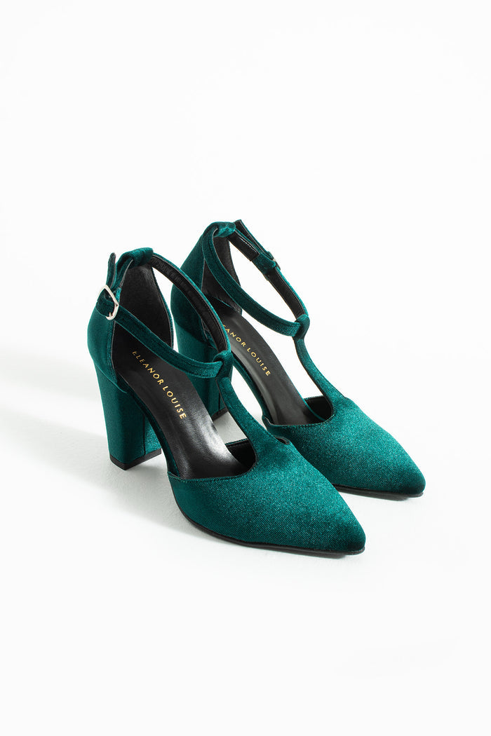 Orlane | Emerald Green Velvet T-Strap High Heels
