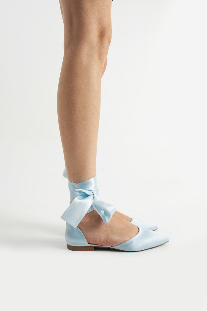 Paloma | Baby Blue Satin Flats with Ribbon
