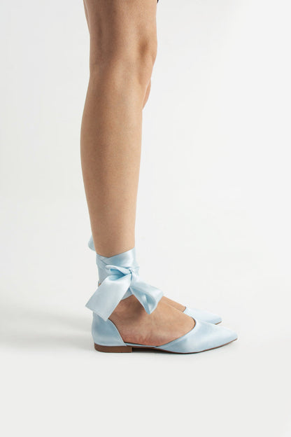 Paloma | Baby Blue Satin Flats with Ribbon