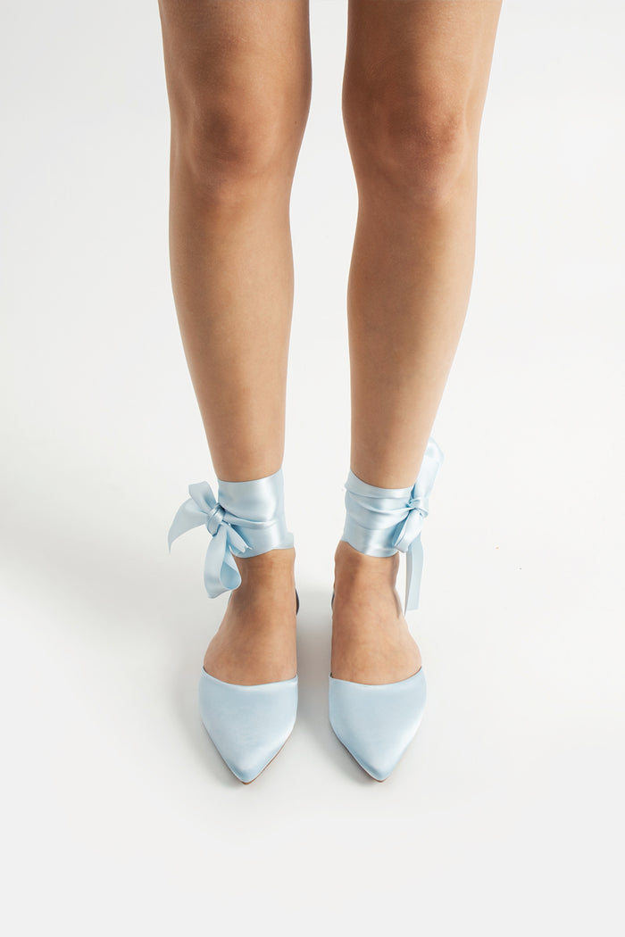 Paloma | Baby Blue Satin Flats with Ribbon