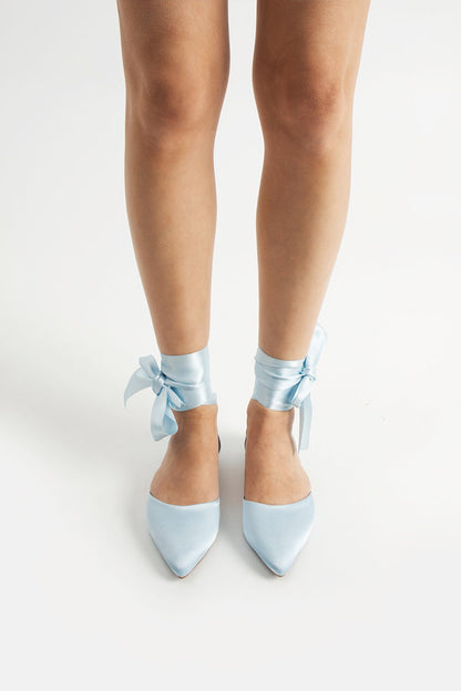 Paloma | Baby Blue Satin Flats with Ribbon
