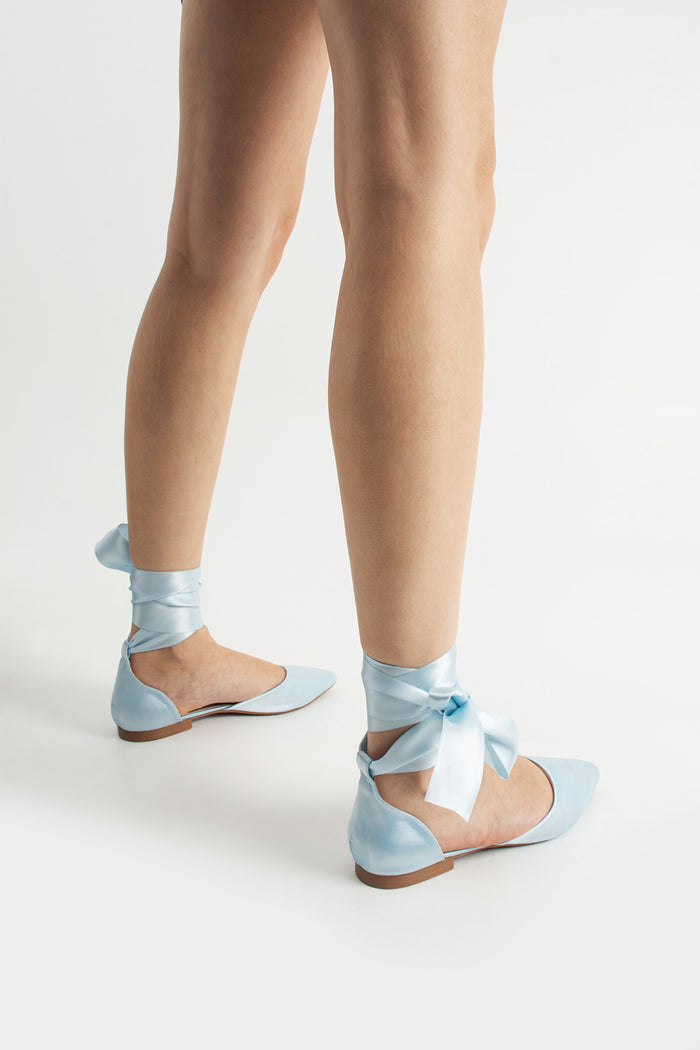 Paloma | Baby Blue Satin Flats with Ribbon