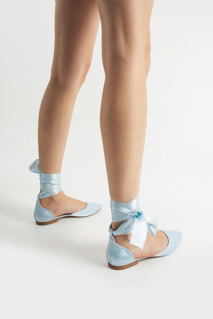 Paloma | Baby Blue Satin Flats with Ribbon