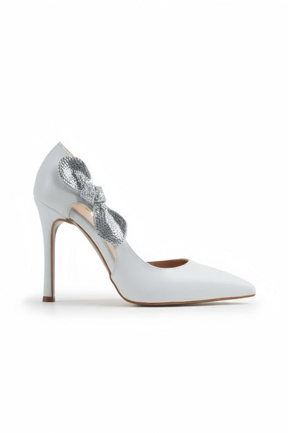 Pauline | White High Heels with Rhinestone Bow