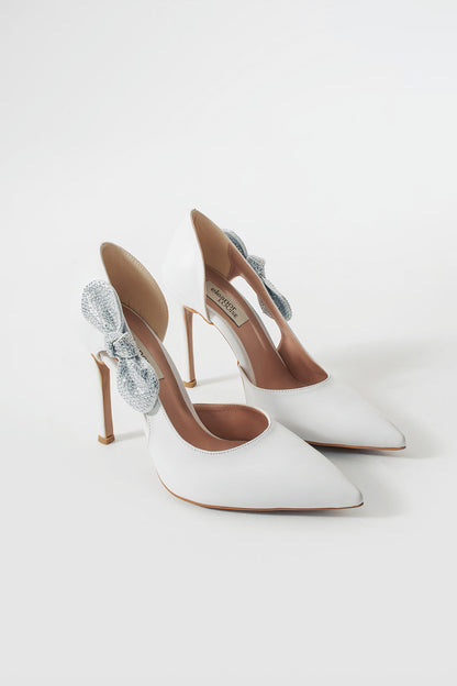 Pauline | White High Heels with Rhinestone Bow