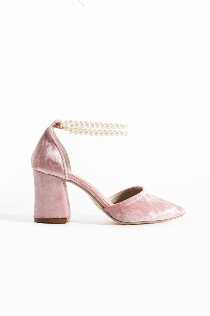 Pavira | Rose Velvet High Heels with Pearls