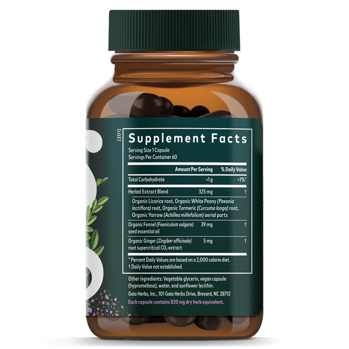 Gaia Herbs Cramp Relief for Women || 60 ct Supplement Facts Bottle Label