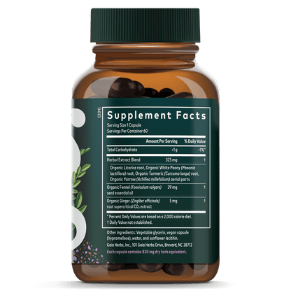 Gaia Herbs Cramp Relief for Women || 60 ct Supplement Facts Bottle Label