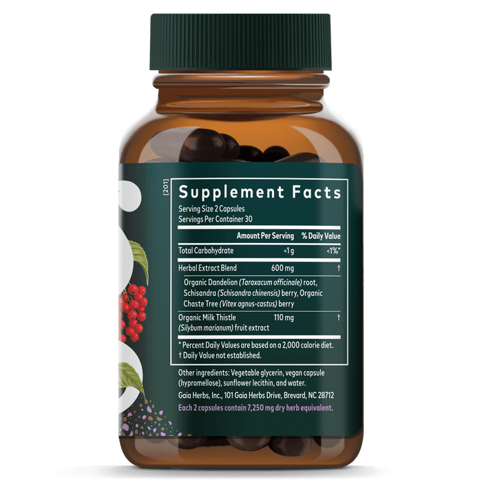 Gaia Herbs Cycle Support for Women || 60 ct Supplement Facts Bottle Panel