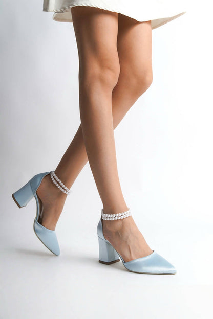 Phaedra | Baby Blue Satin High Heels with Pearls