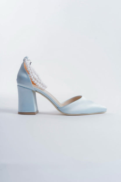 Phaedra | Baby Blue Satin High Heels with Pearls