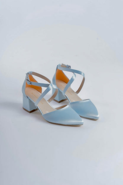 Pilar | Baby Blue Satin Criss Cross Mid Heels