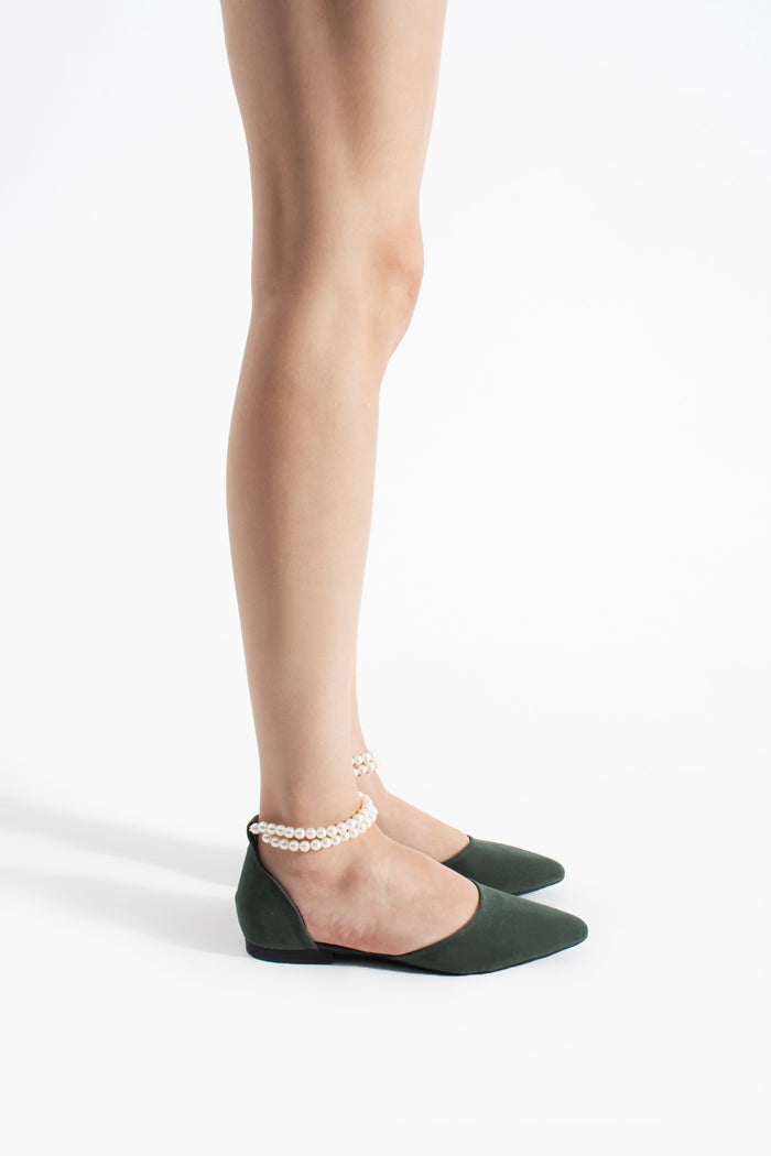 Priya | Sage Green Suede Flats with Pearls