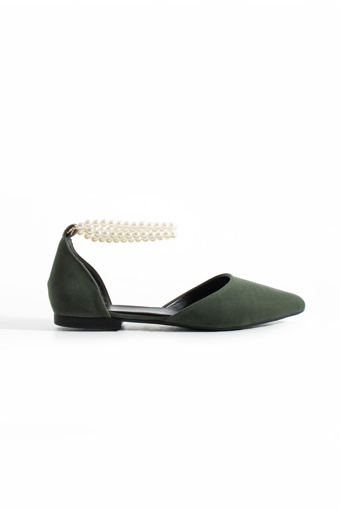 Priya | Sage Green Suede Flats with Pearls