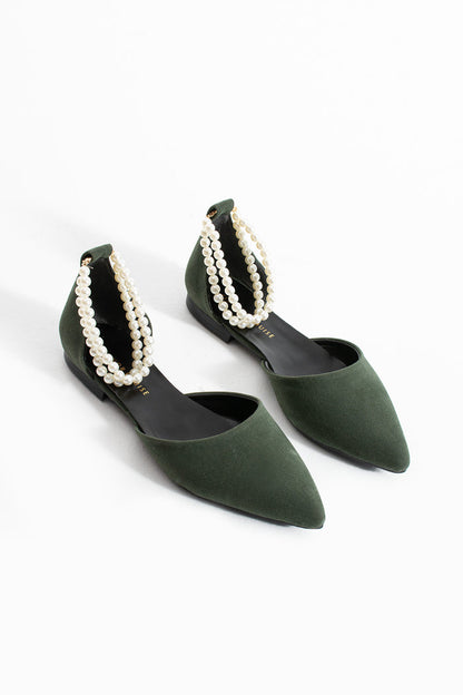 Priya | Sage Green Suede Flats with Pearls