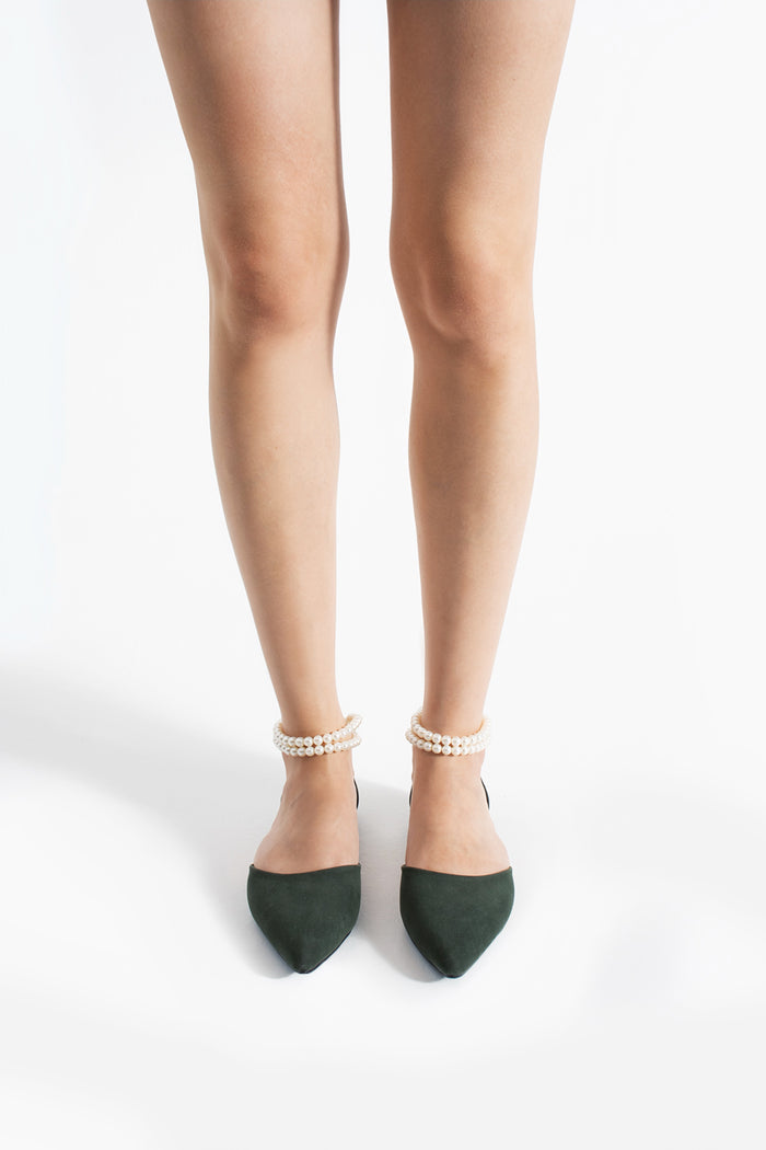 Priya | Sage Green Suede Flats with Pearls