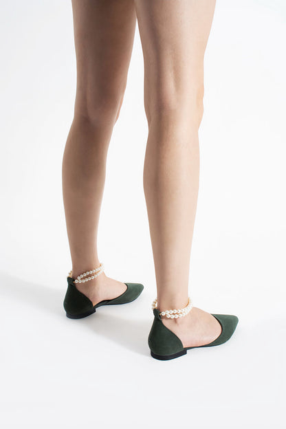 Priya | Sage Green Suede Flats with Pearls
