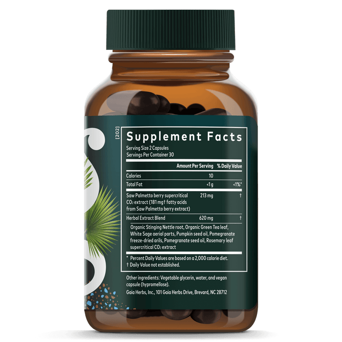 Gaia Herbs Prostate Health for Men || 60 ct Supplement Facts Bottle Panel