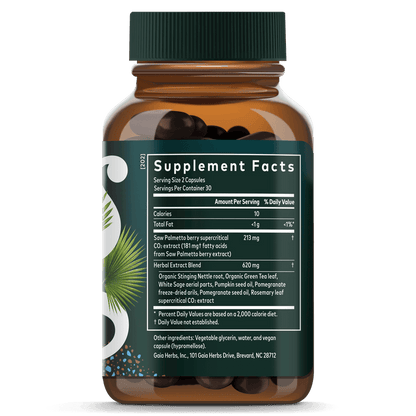 Gaia Herbs Prostate Health for Men || 60 ct Supplement Facts Bottle Panel